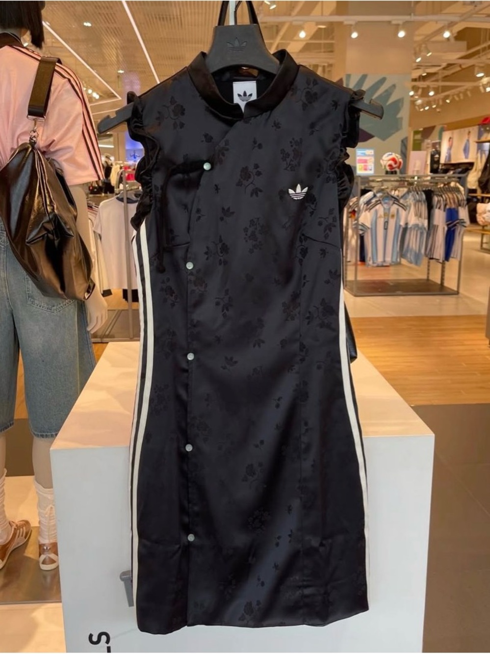 adidas Black Satin Cheongsam Dress with White Side Stripes